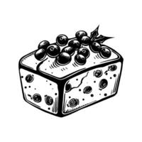 Detailed black and white drawing of a Christmas cake with berries and leaves on top, isolated on a white background, concept of bakery vector