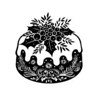 Black and white silhouette of a Christmas pudding adorned with holly and intricate patterns, on a plain white background, festive concept vector