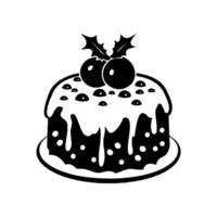 Silhouette of a Christmas pudding topped with holly and icing, in black and white, on a plain white background, festive dessert concept vector