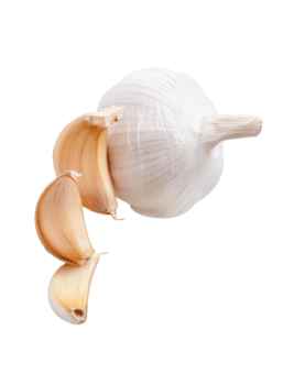 sida se av ett Glödlampa och tre oskalade vitlök kryddnejlika eller bitar i stack isolerat med klippning väg i fil formatera png