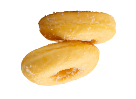 Two pieces of sugar glazed cinnamon donuts in stack isolated with clipping path in file format png