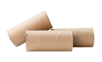 Side view of tissue paper cores or toilet paper tubes in stack after tissue paper used out in toilet or restroom isolated with clipping path in file format png