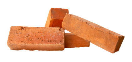 Four cracked old red or orange bricks in strange pile isolated with clipping path in file format png