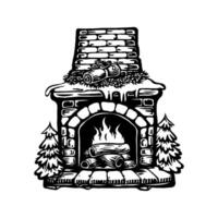 Christmas fireplace with a chimney and a log fire. The fire is burning brightly and the logs are stacked on top of each other. vector