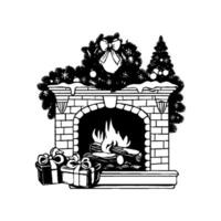 Christmas fireplace with a wreath on top and a tree in the background. The fireplace is surrounded by presents, and the wreath is decorated with bows. vector