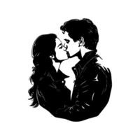Silhouette of a couple kissing, embracing each other. Black and white graphic design on a plain white background. Concept of love and affection vector