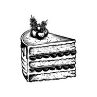 Slice of layered Christmas cake topped with decorative cherries and leaves, in black and white sketch style, isolated on white background vector