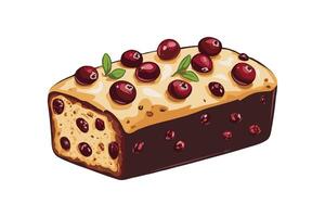 A cranberry Christmas cake loaf illustration with vibrant red berries and green leaves, displayed on a white background, representing dessert vector