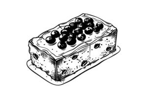 A hand-drawn black and white sketch of Christmas cake slice topped with berries on a simple white background, representing dessert vector