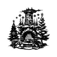 Christmas fireplace surrounded by Christmas trees with a fire burning in it on a white background. vector
