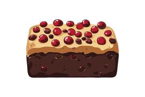 A chocolate Christmas cake topped with creamy frosting and cranberries, illustrated in a flat style on a white background. Dessert concept vector
