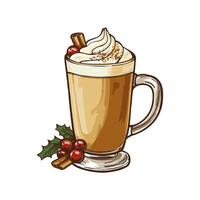 Illustration of a festive Eggnog drink with whipped cream, cinnamon stick, and holly berries on a white background. Concept of Christmas celebration vector