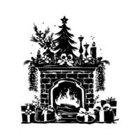A silhouette of a fireplace a Christmas tree in the background. The fireplace is surrounded by presents. vector