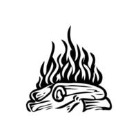 A black and white drawing of a fire with a pile of wood on top of it. The fire is very large and the wood is stacked on top of each other. vector