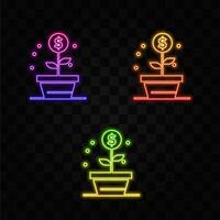 dollar coin grows from flower pot silhouette. design element. neon style. vector