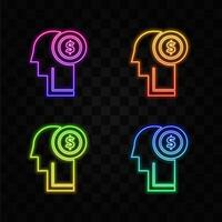 Dollar Coin Money on Man Silhouette. neon style. Mind icon Thin line. Gear and brain, heart and shell, padlock and magnifying glass linear concept pictogram vector