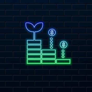 monetario crecimiento. árbol creciente dinero. neón estilo.rentabilidad icono. adecuado para móvil aplicaciones, red aplicaciones y impresión medios de comunicación. vector