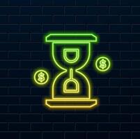 hourglass symbol game icon with neon style. Sand clock illustration with dollar symbol in minimalist style. vector