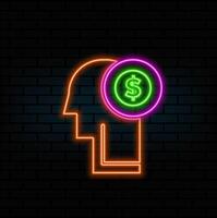 neon style. Icon human head with stack of coins inside. simple icon in financial business concepts. Dollar Coin Money on Man Silhouette. vector