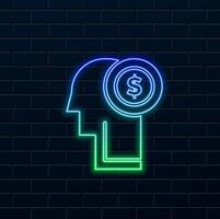 Icon human head with stack of coins inside. neon style. simple icon in financial business concepts. Dollar Coin Money on Man Silhouette. vector