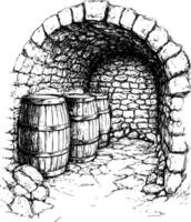 Rustic stone cellar featuring three wooden barrels inside vector