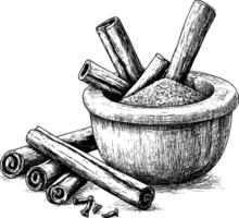 WebMortar and pestle with cinnamon sticks and ground spice. vector