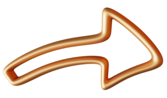 Golden arrow designed in three-dimensional form. Polished appearance against transparent backdrop. 3D arrow, cut out. png