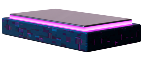 This podium features a contemporary design ideal for displaying products. Its three-dimensional structure includes a striking illuminated edge, positioned on transparent background png
