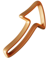 Golden arrow designed in three-dimensional form. Polished appearance against transparent backdrop. 3D render png