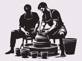 Silhouette of Two Potters Shaping Clay on a Pottery Wheel vector