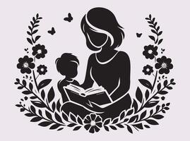Charming Silhouette of Motherhood with a Book and Blossoms in Black Style vector
