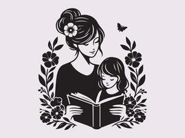 Happy Mother's day, Black Silhouette of Parent and Child Bonding Over a Story Surrounded by Nature vector