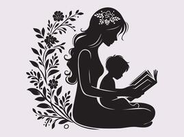 Happy Mother's day, Silhouette Scene of a Mother and Daughter Sharing a Book Surrounded by Flowers vector