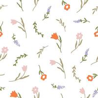 Seamless pattern with delicate spring flowers tulips on a white background. Flat illustration vector