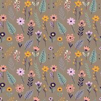 Seamless pattern with delicate multicolored flowers, leaves and branches on a brown background. Flat illustration vector