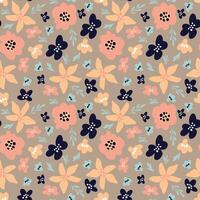 Seamless trendy botanical pattern with delicate abstract flowers on brown background. Flat illustration vector