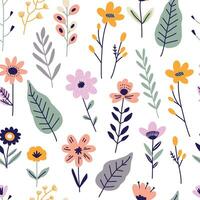 Seamless pattern with delicate multicolored flowers, leaves and branches on a white background. Flat illustration vector