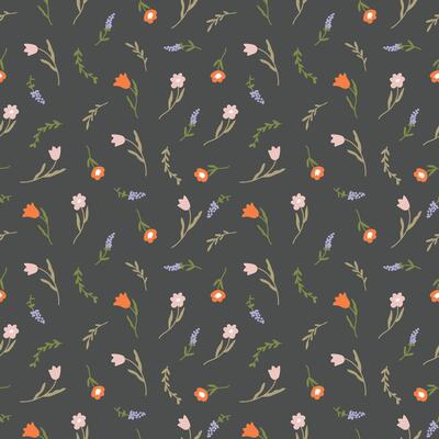Seamless pattern with delicate spring flowers tulips on a gray background. Flat illustration
