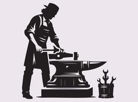 Blacksmith Silhouette Featuring a Craftsman Hammering Heated Iron in a Forge vector