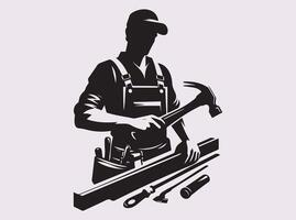 Carpenter Silhouette of Man Working with Tools and Wood in Black Color for Crafts and DIY Themes vector
