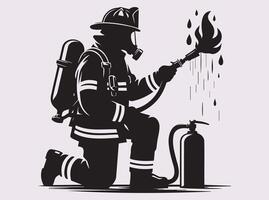 Firefighter Silhouette of a Fireman Operating a Water Hose to Extinguish Fire vector