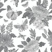 A seamless pattern featuring leaves, monochrome chrysanthemum flowers, and butterflies on a gray background vector