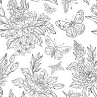 A seamless pattern with outline chrysanthemums, lupines, cherry blossoms, and tulips intertwined with lush green leaves, accompanied by butterflies vector