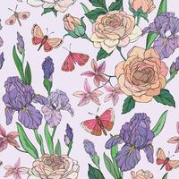 A seamless pattern featuring elegant roses, irises, and orchids with lush green leaves, beautifully arranged alongside delicate butterflies on a soft pastel background vector