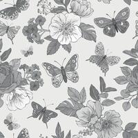 A seamless pattern featuring monochrome butterflies and blooming flowers, creating a delicate and elegant nature-inspired design vector