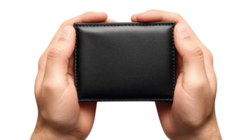 Hands holding a black leather wallet isolated on transparent background png