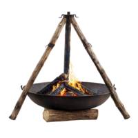 Campfire setup with a tripod burner and logs for warmth and cooking isolated on transparent background png