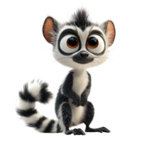 Lemur character standing upright with large eyes and bushy tail isolated on transparent background png