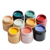Colorful jars of paint arranged in a grid isolated on transparent background, png
