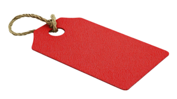 Red textured tag with a rope loop for price or gift labeling isolated on transparent background png